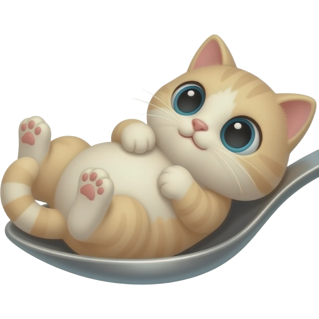 котенок молочного цвета, похожий на зефирку лежит на спики и играется лапкамии emoji