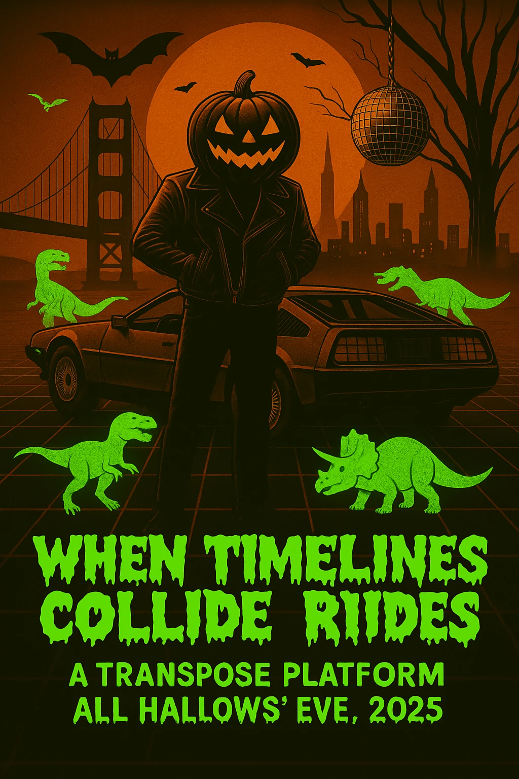 make the dinosaurs a neon green, create a font where the letters look like melting spooky emoji