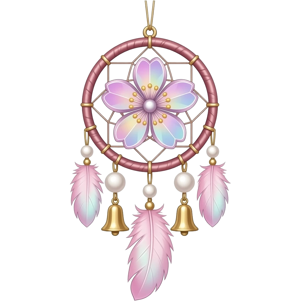 Hanging Iridescent pastel pink sakura crystals white-pearly suncatcher dreamcatcher with bells and feathers emoji