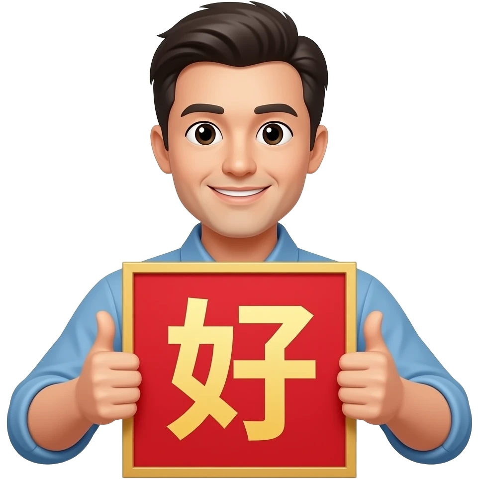 A man thumb up both hands with a big word 「好」 emoji
