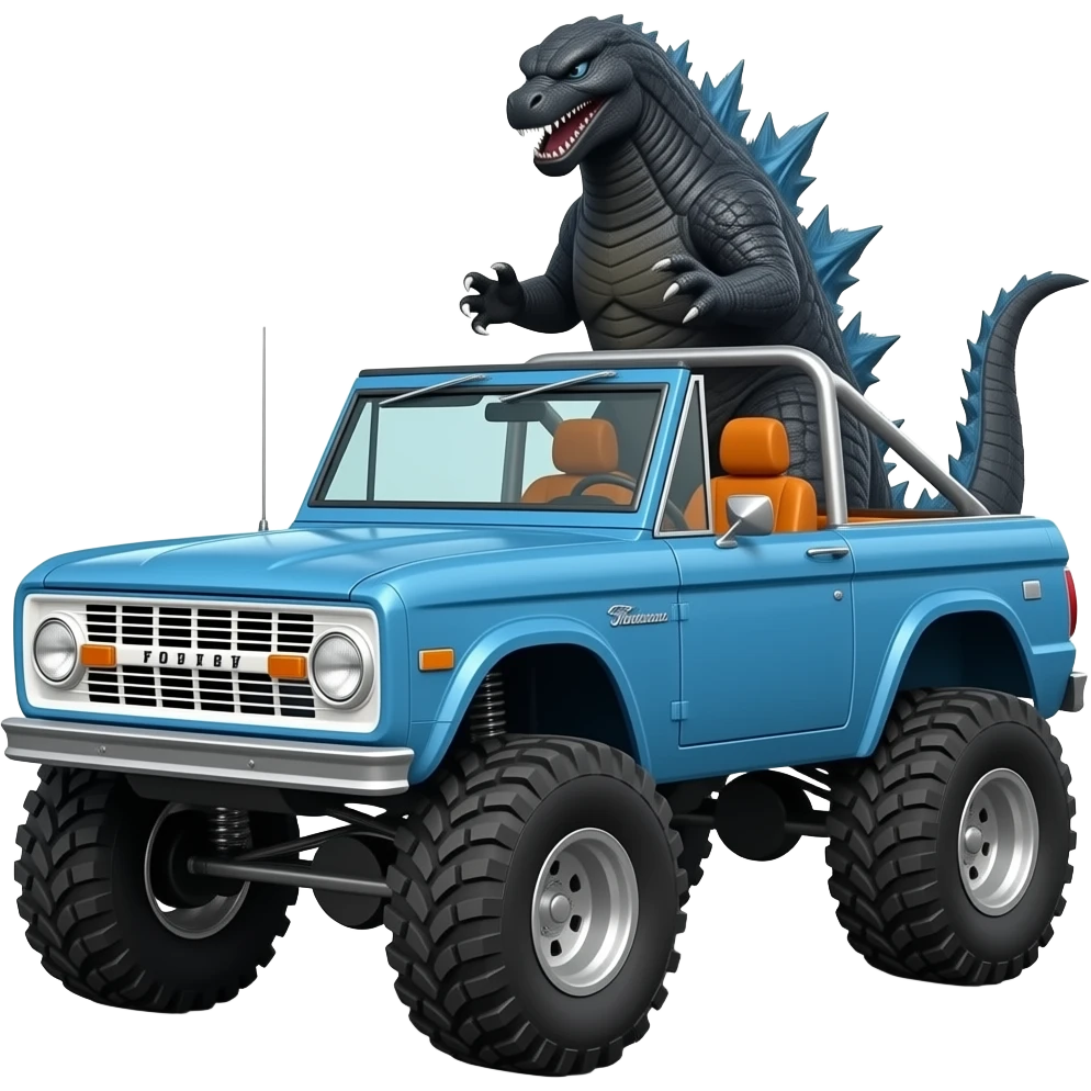 Godzilla behind 1967 ford bronco with two tone paint: blue on hood, blue with white stripe on sides, and orange interior. Convertible with no top but with full roll cage. Exaggerated lift and oversized 4x4 tires. emoji