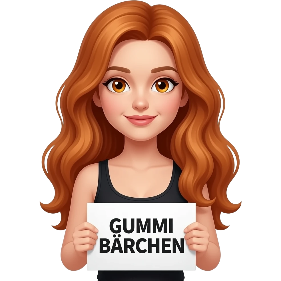 sexy girl with long wavy ginger hair and ginger eyes wearing a black tanktop is holding a white sign with GUMMI BÄRCHEN written on it emoji