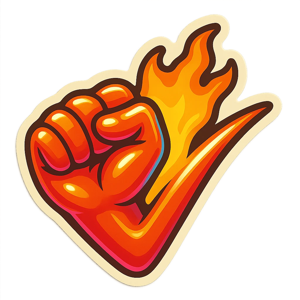 horizontal flaming fist, emoji, red vibrant neon gradient, sticker border white, matching reference file emoji