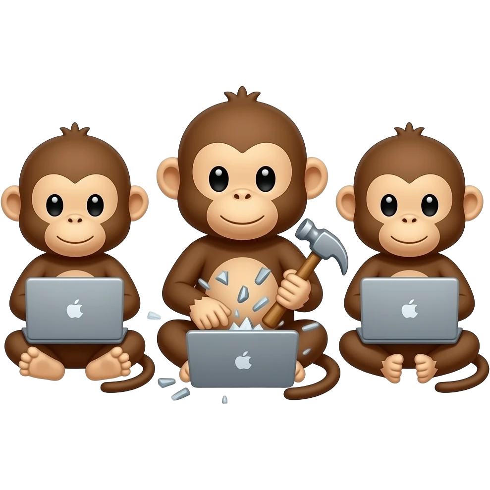 Trois petits singes assis côte à côte, les deux sur les côtés tapent calmement sur des ordinateurs portables, celui du milieu détruit son ordinateur portable avec un marteau emoji