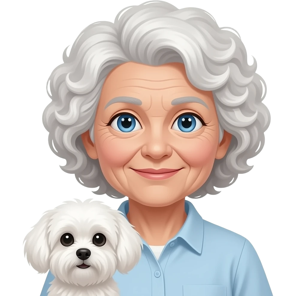 Elder woman curly hair blue eyes standig with a white Maltese dog emoji