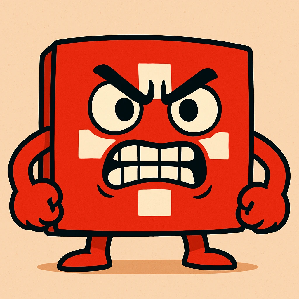 an angry Swiss flag with furrowed brows and clenched teeth, vibrant toon style emoji