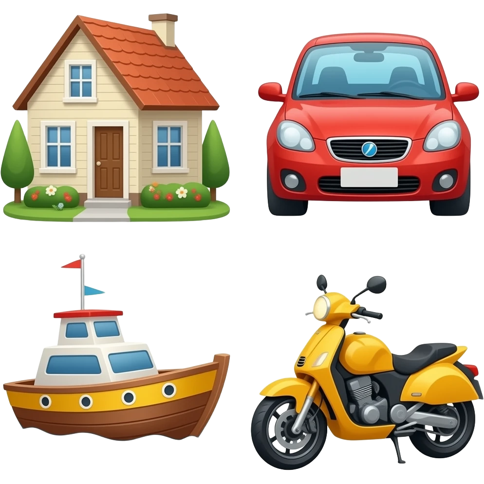 Collage of house, car, boat, motorcycle emoji