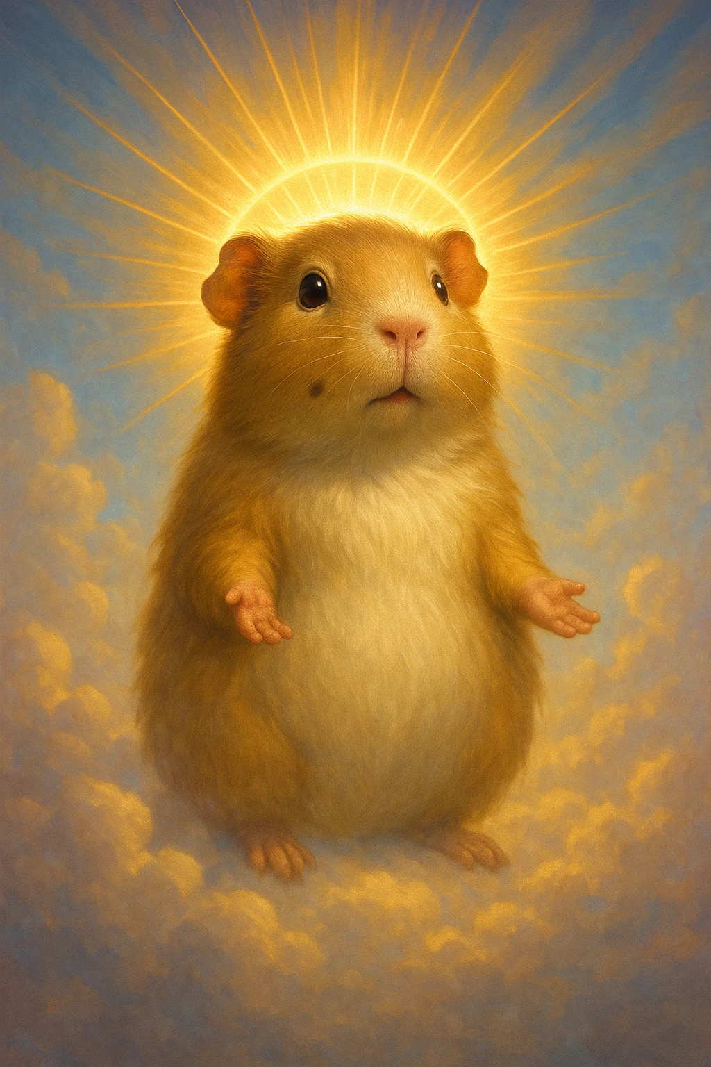 almighty guinea pig god with a mole on the left cheek, floating above clouds, celestial and awe-inspiring emoji