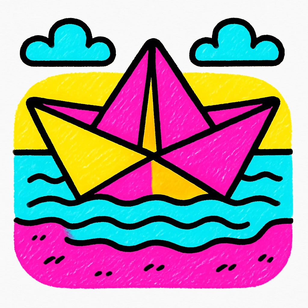 Un papirolo (barco de papel) en la orilla del mar, estilo ilustración colorida, fondo de playa y olas suaves, sin personas, enfoque en el papirolo y el agua. emoji