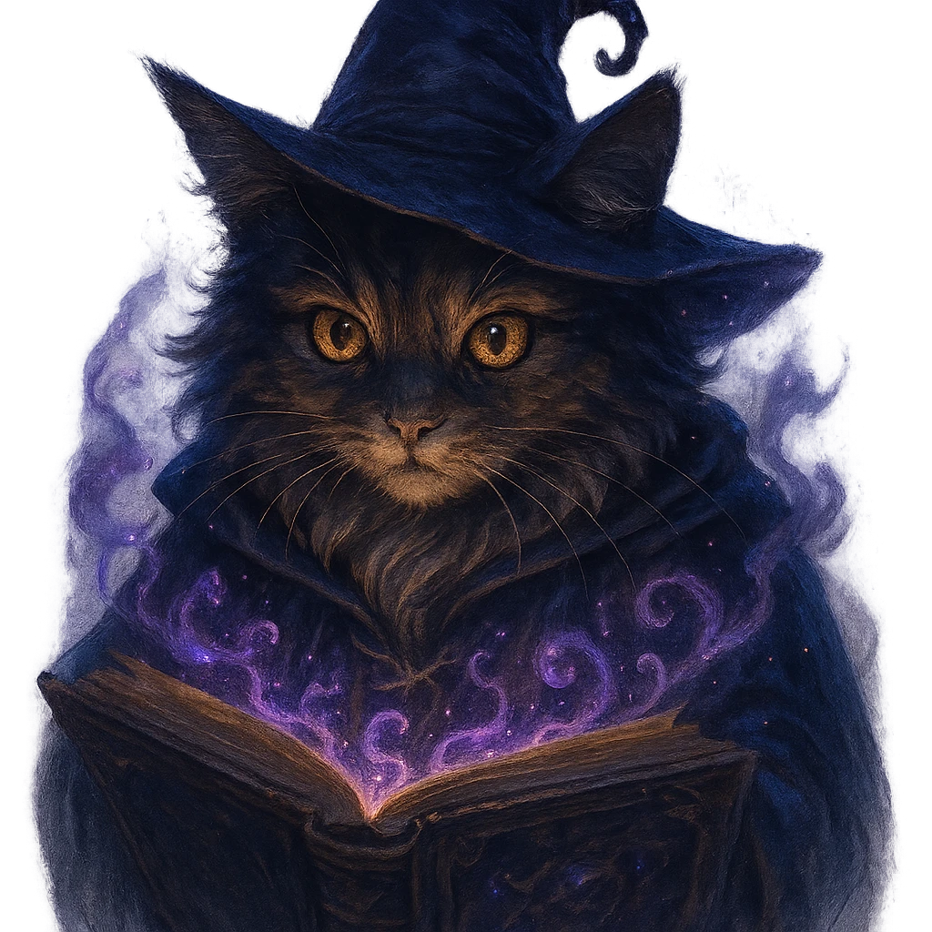 wizard cat reading a spellbook with a mystical vibe, magical fantasy style emoji