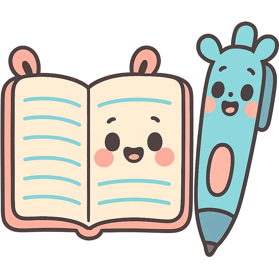 cute open notebook and a pen with ears, pastel toon style, cartoonish emoji