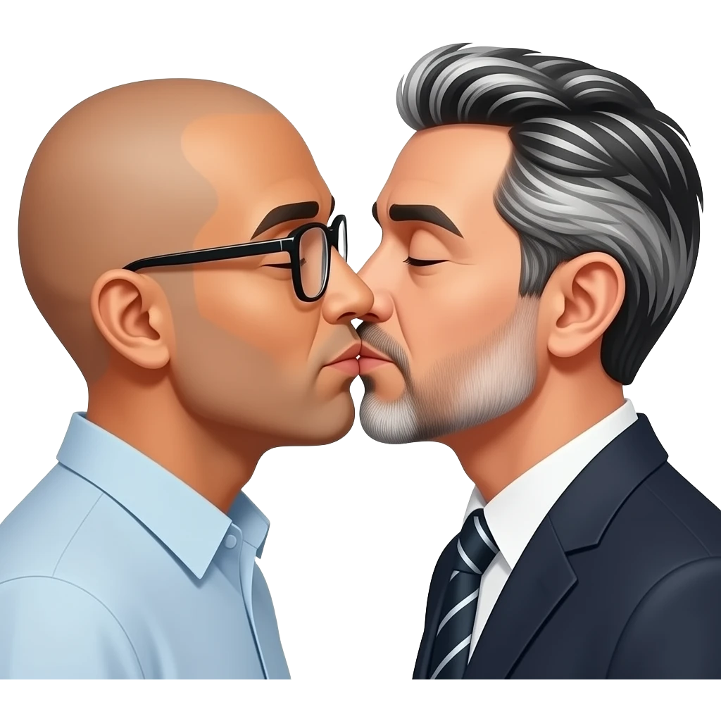 One has glasses and is bald and Mexican skin color. Gay men kissing romantically. The other guy is white and has silver daddy hair but is 40 years old. White and black striped hair. He is young 40 emoji