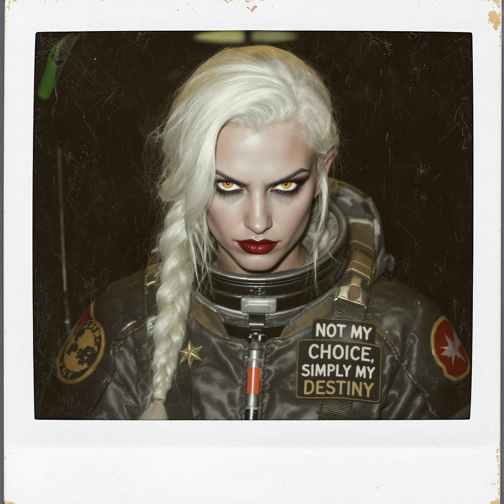 a retro military pinup fuselage decoration for the motto " not my choice, simply my destiny "
the female figure, white hair 1 braid, gold yellow eyes, spacer, fierce, exo-rogue, menacing emoji