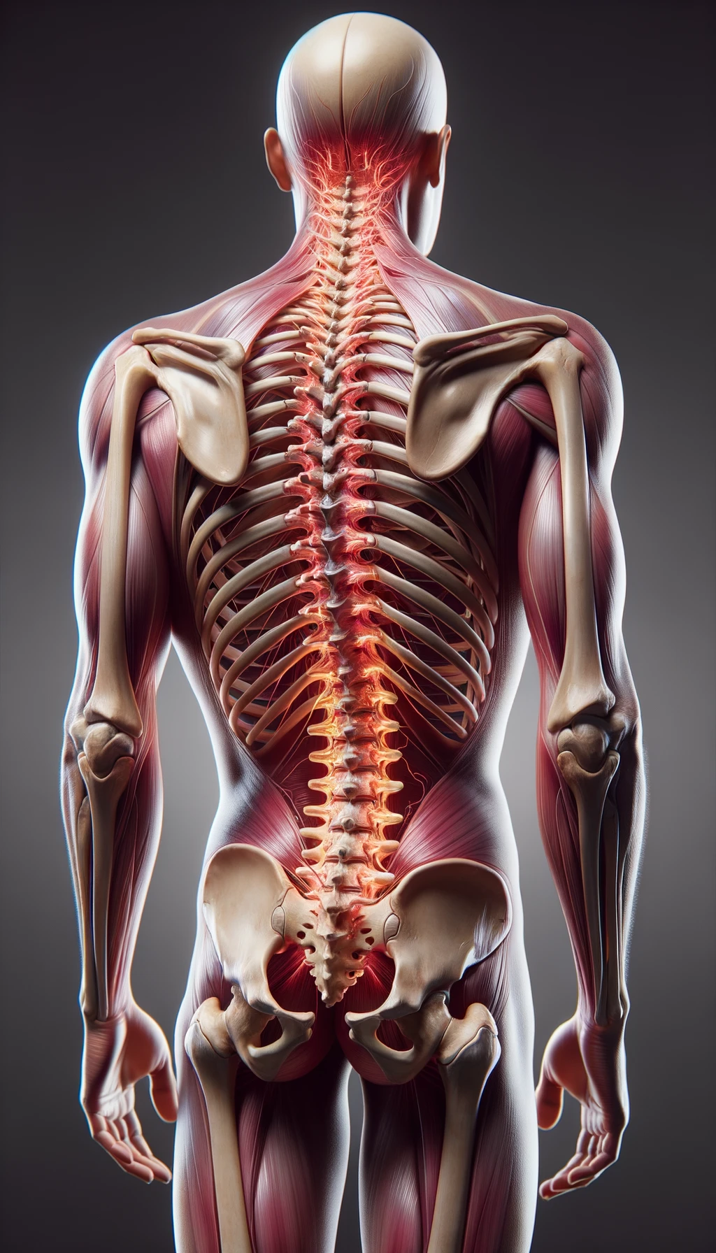 corpo umano anatomico di spalle con spina dorsale storta, dolore alla schiena e spina dorsale anatomica realistica, iperrealistico 4k emoji