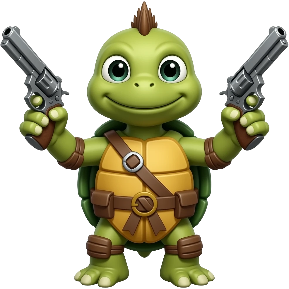 A yellow bellied slider turtle with a Mohawk holding two pistols emoji