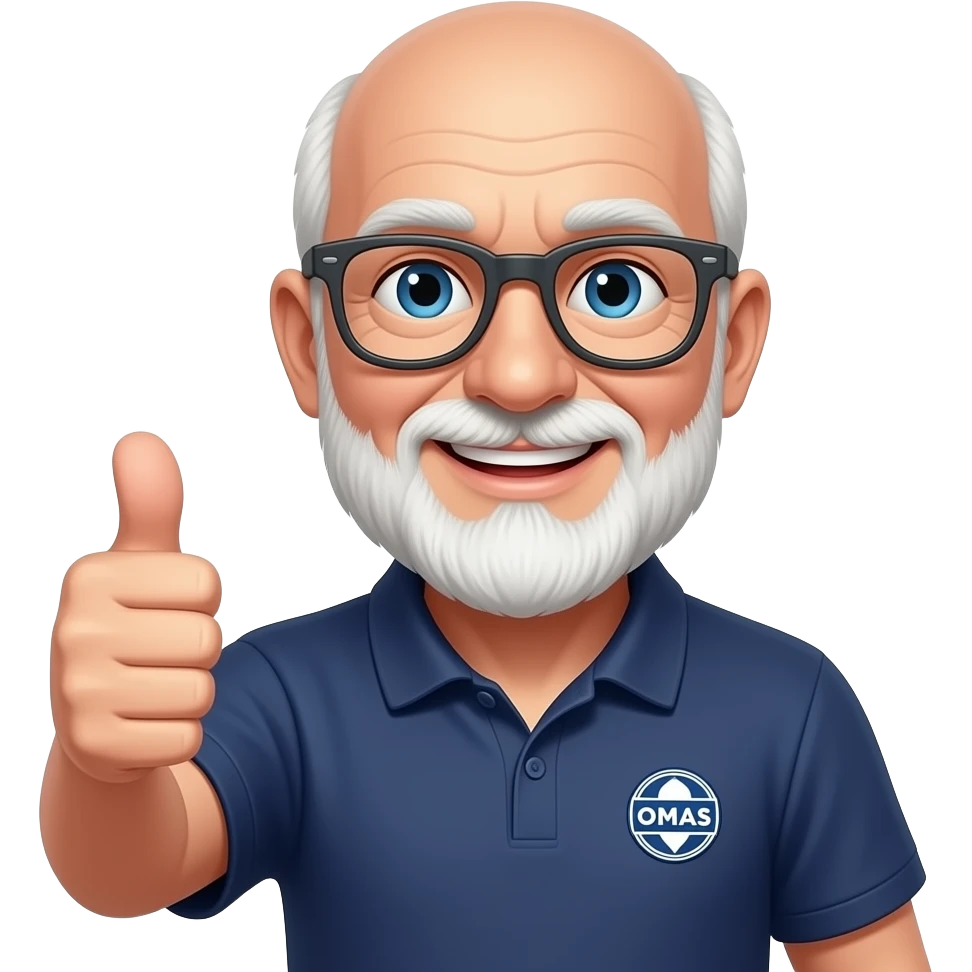 skinny old bald man with white beard with red tint, blue eyes, dark gray glasses, thumbs up, navy polo shirt with OMAS patch, smiling emoji