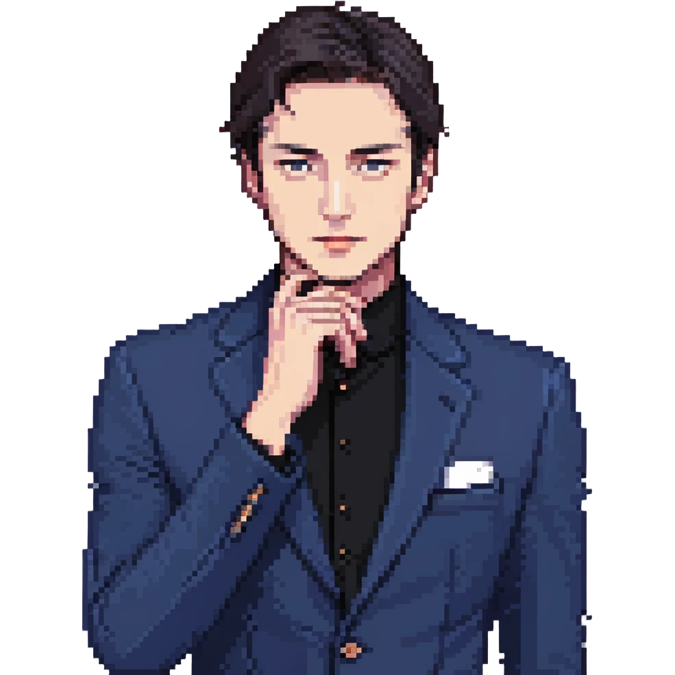 Flat pixel art, focused and reserved male thinker, fair skin, short sleek dark hair, intense sharp eyes, wearing a deep indigo suit jacket over a black shirt, left hand thoughtfully touching chin, waist-up, front-facing emoji