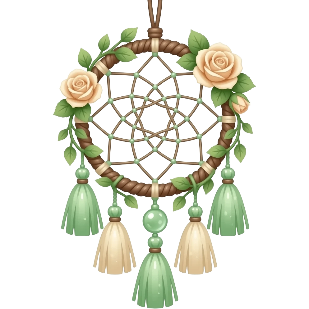 Hippie-like Cute dainty neat Pastel Green-white-brownish-beige-gradients thread-rope-hanging dreamcatcher, pastel colors, whitish, light, green academia aesthetic, mossy, with green vines and beige roses, Cottagecore, Princesscore, shiny glistening, vintage, tassels emoji