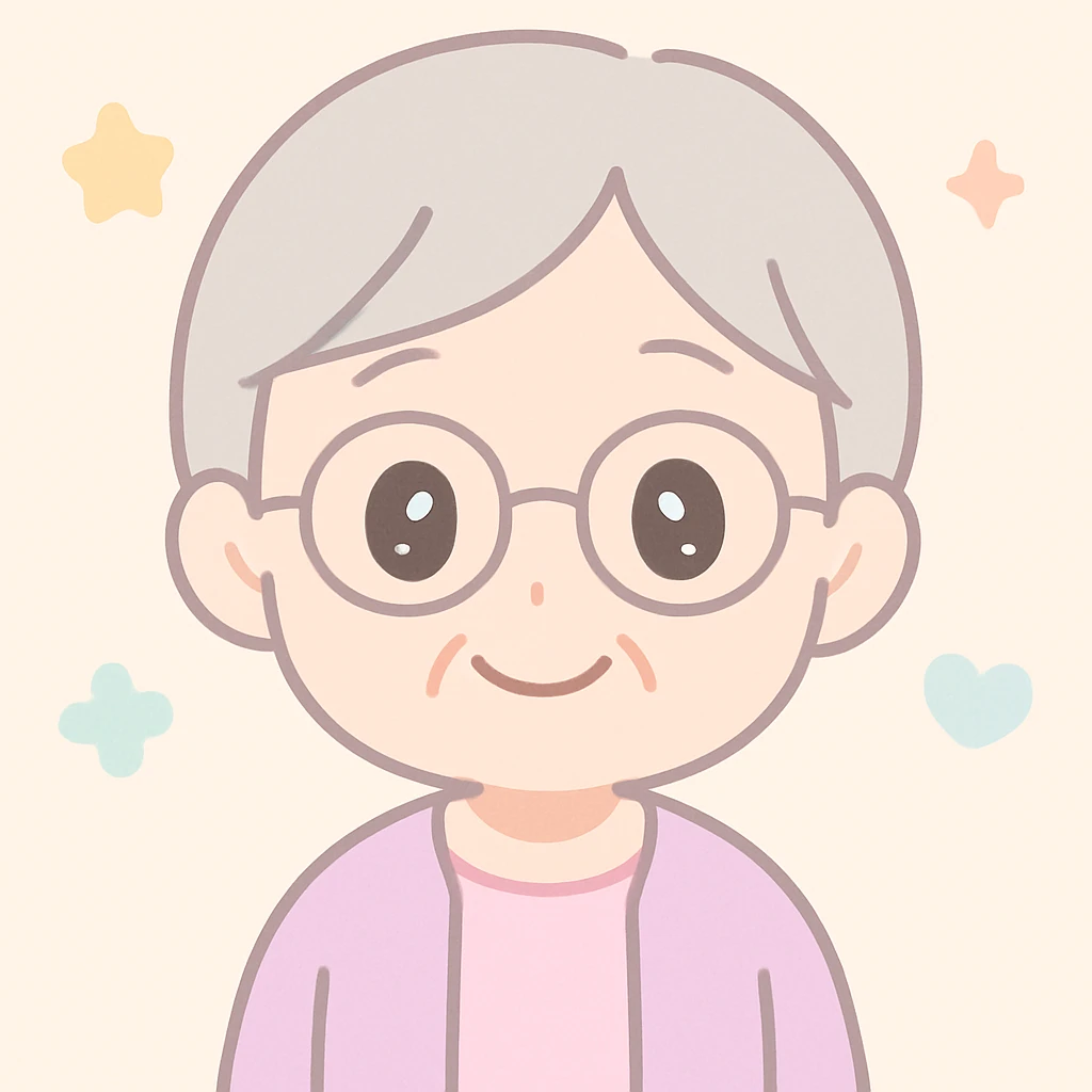 anime style elderly woman with glasses, smiling, short gray hair emoji