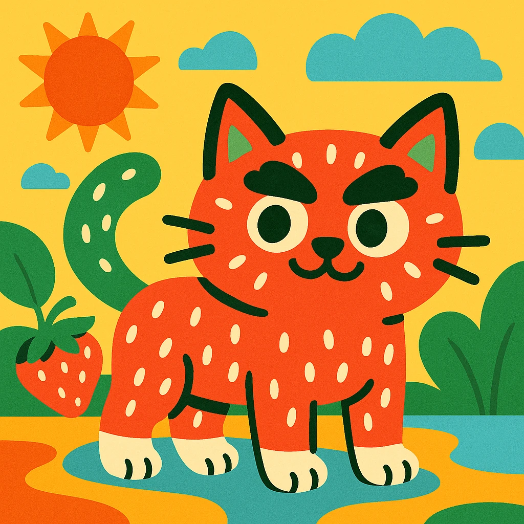 a cat with strawberry patterned skin, bushy eyebrows, and white toes, fun whimsical style, vibrant colors emoji