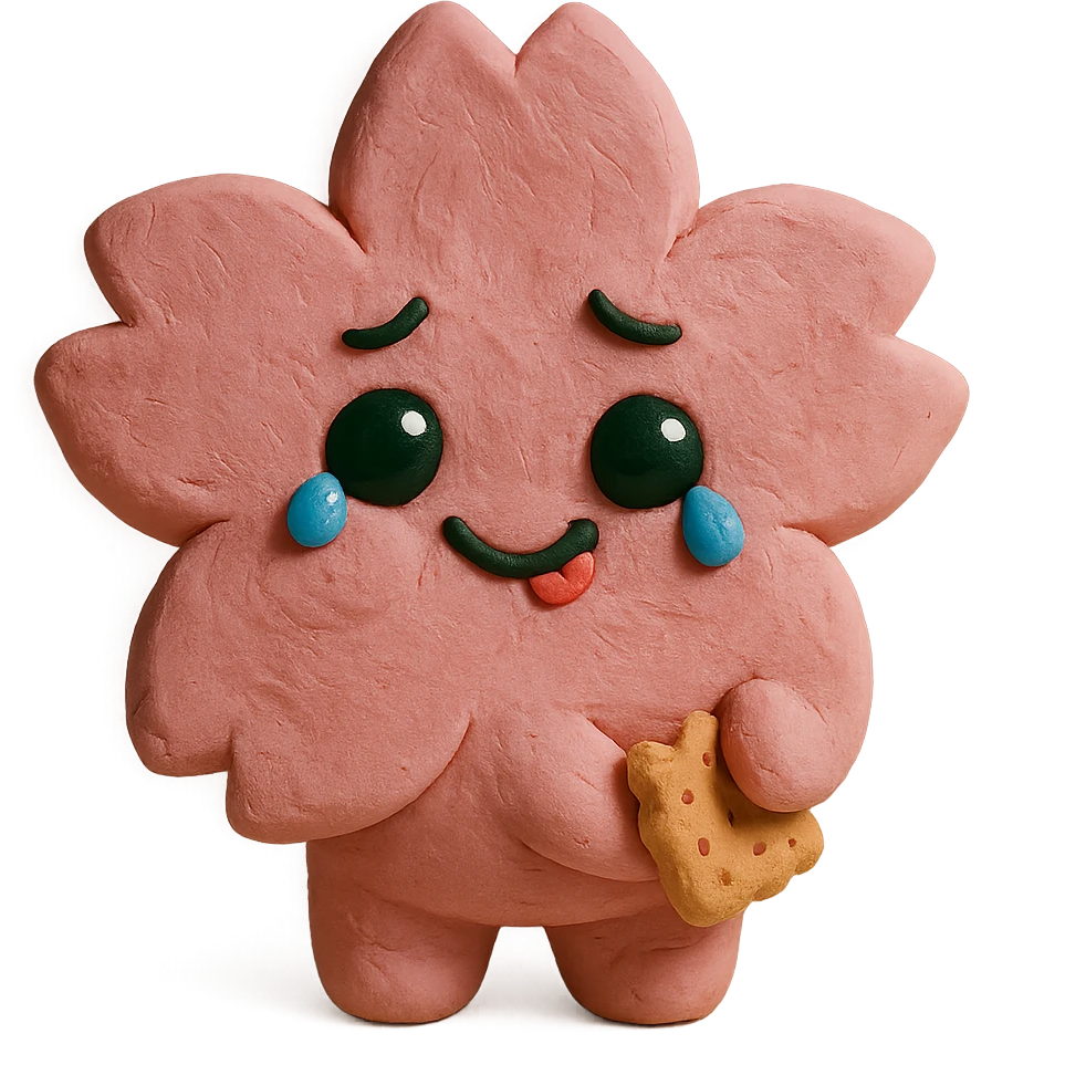 baby pink cherry blossom flower with teary eyes and a mischievous smile, hiding snacks behind its back, soft chubby body, kawaii face, claymation style emoji