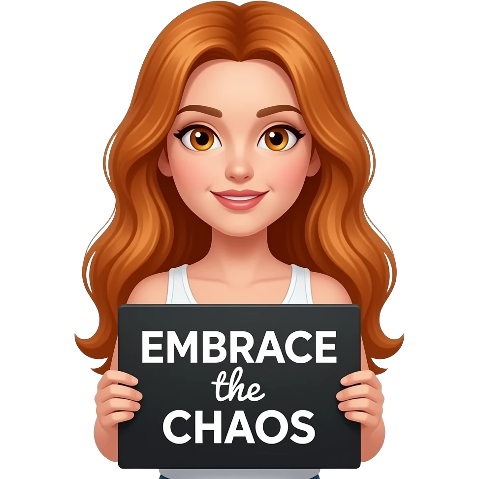 sexy girl with long ginger hair and ginger eyes wearing a white tanktop is holding a black sign with EMBRACE the CHAOS written on it emoji
