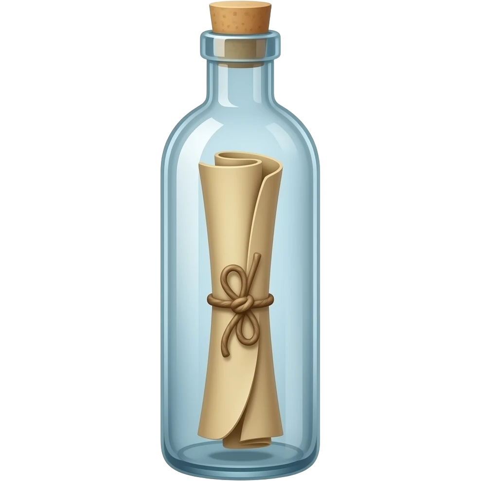 A tall, thin glass bottle containing a rolled-up message in an old piece of paper, with the message positioned exactly in the center of the bottle. The roll should look truly natural, with natural curves and a three-dimensional appearance. emoji