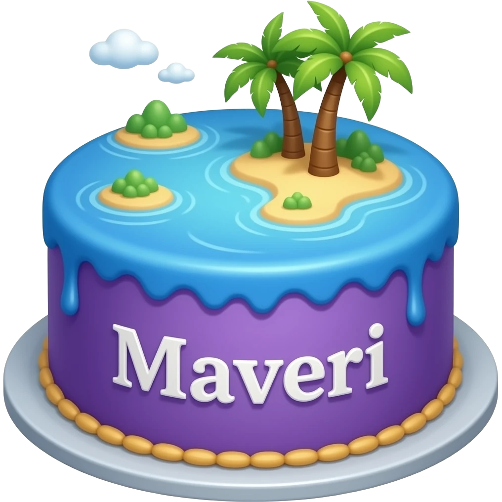 A purple and blue cake with the name Maveri on it and the whole cake is based off a island emoji