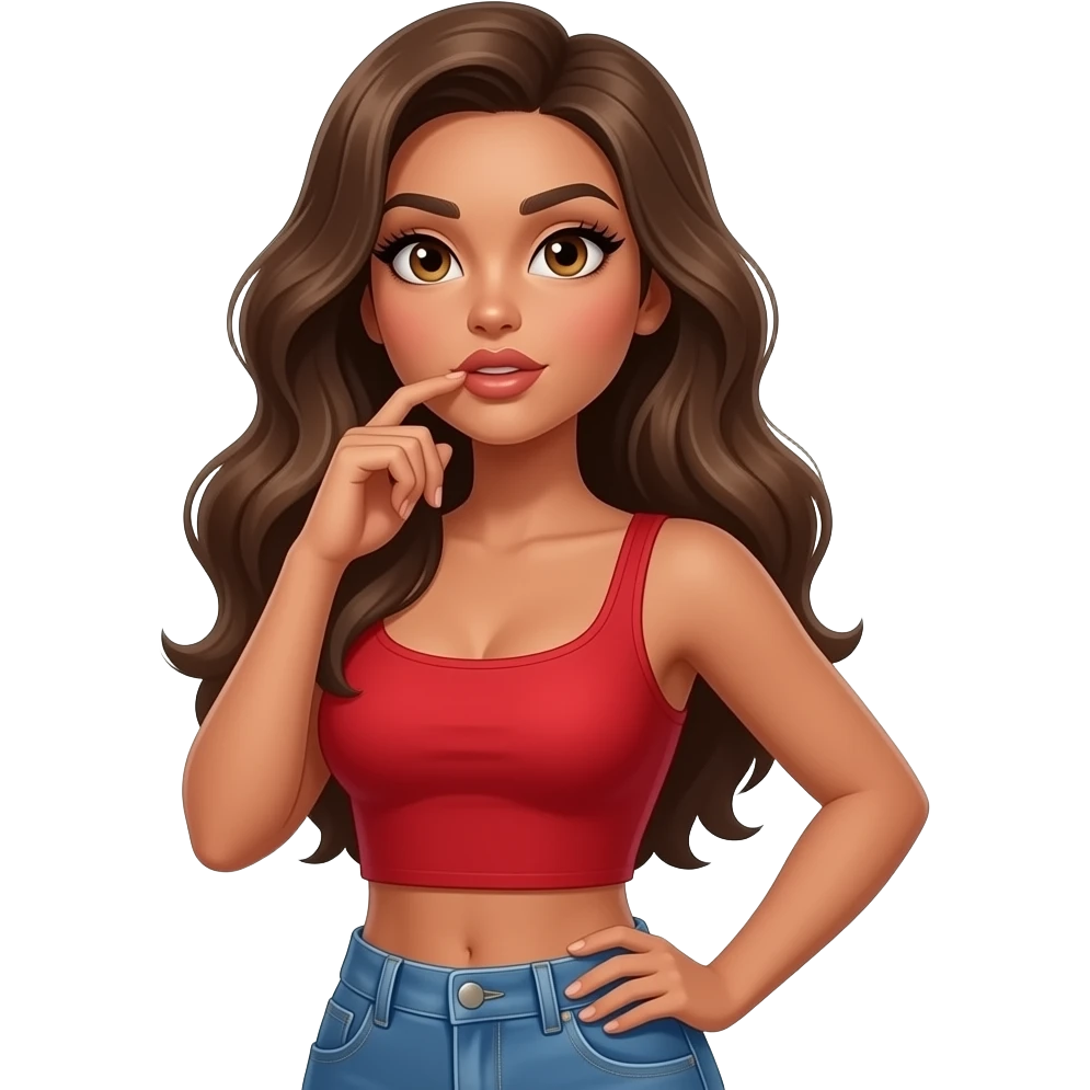 Fingers on lips and thinking looking up woman with tan glowy skin, hazel eyes almond with long lashes,, full lips, dark blonde flowing hair, delicate feminine sexy features, wearing a red crop top and blue low waist jeans, confident and femenine and glam makeup. Intense seductive look. emoji