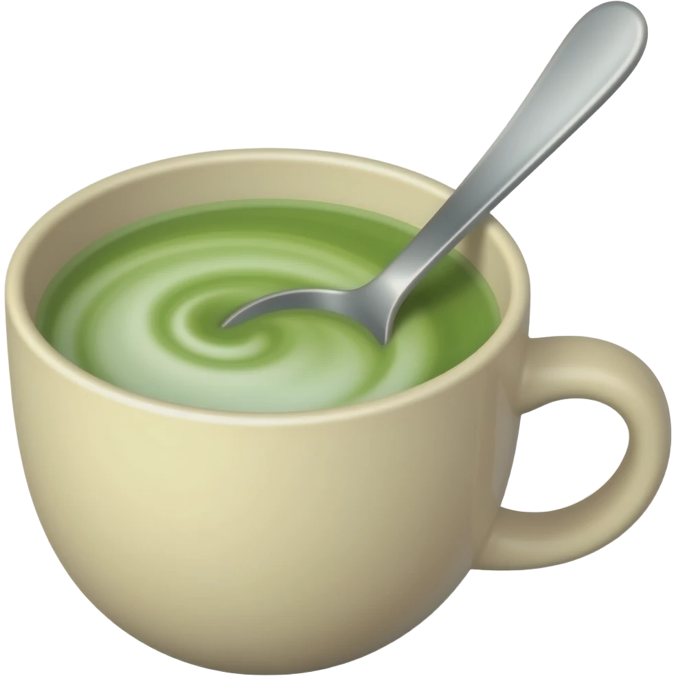 Emoji-style illustration of matcha being stirred in a cup, light beige cup with green matcha and soft foam, spoon creating a swirl, minimal, clean, soft colors. emoji