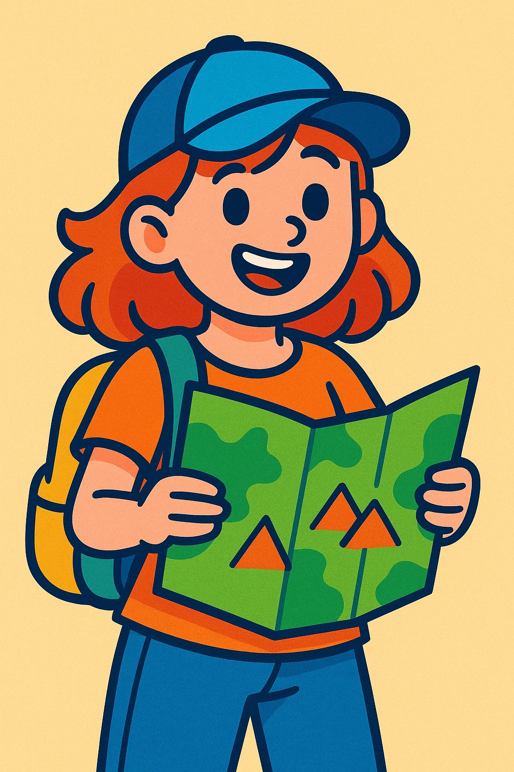a girl holding a map, vibrant cartoon style emoji