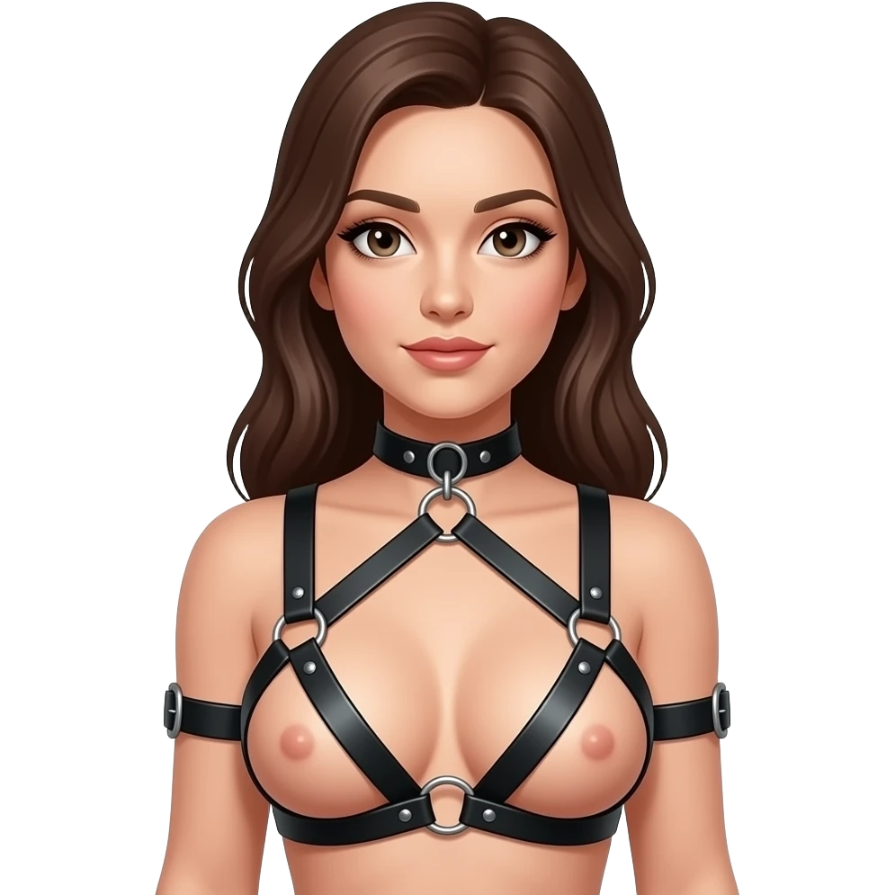 Nude woman in bdsm body harness, average breasts emoji