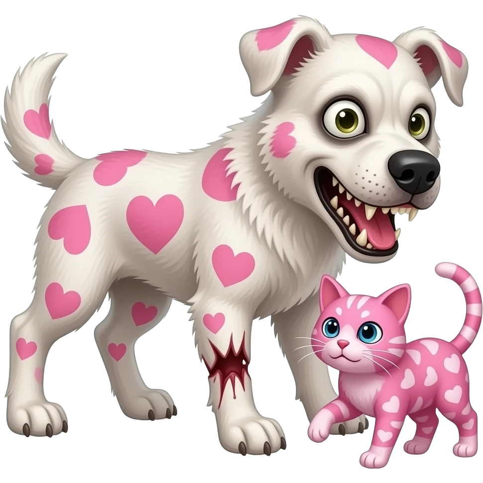 make a scary back dog hurting a cat pink with hearts and and hurt the dog emoji