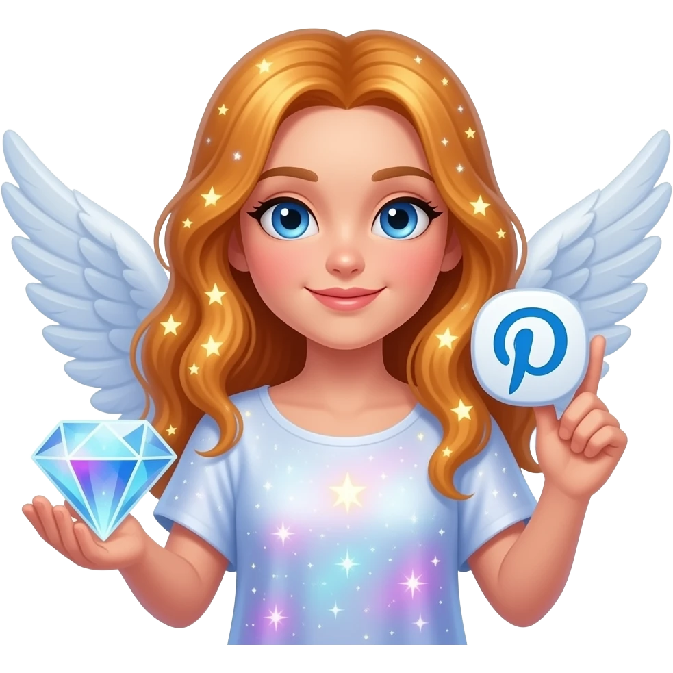 An ethereal blue eyes, glowing amber hair, angel, hand made of starlight holding a crystalline Pinterest logo on the right hand, surprised, pointing at icon. A diamond, shining text: 'PHOTOGRAPHY?' on the bellow left hand. Glowing nebula colors, isolated on white, bold 3D icon emoji
