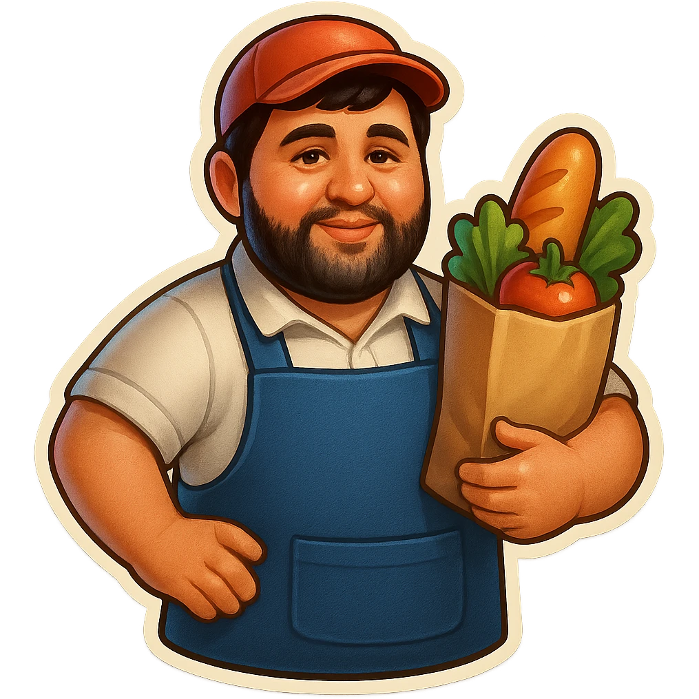 mana shu odamni oziq-ovqat do'konidagi sotuvchi obrazida tasvirla. orqa fonda hech narsa bo'lmasin. emoji