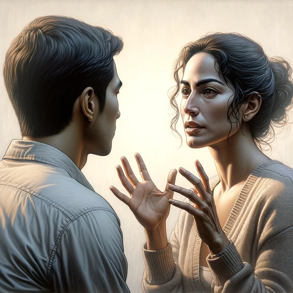  in a bright, softly lit room with a light background, a person is speaking with expressive gestures and a focused expression. In the foreground, another person is seen from behind, listening attentively. The details of hair, skin, and clothing are crisp and lifelike, with subtle reflections and natural shadows. The overall mood is calm and intimate. emoji