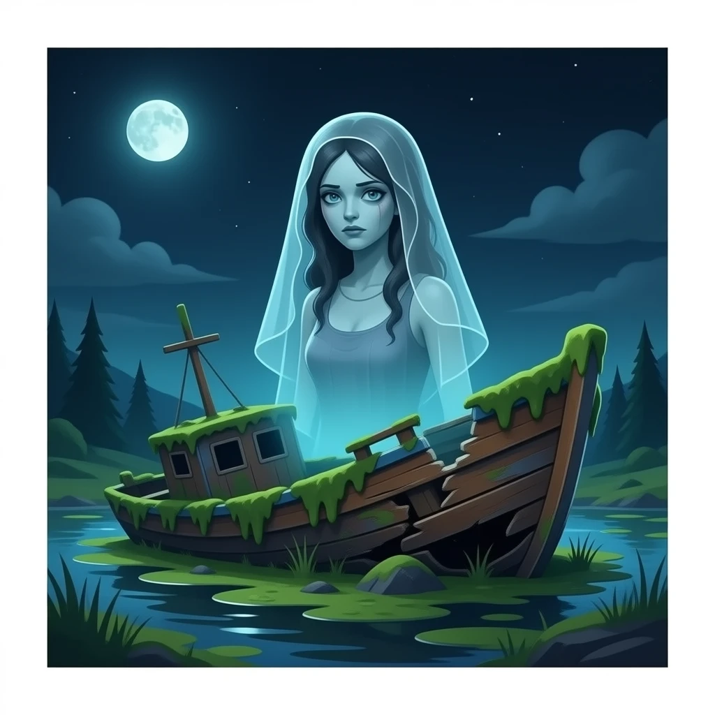 cinematic  - a broken boat with a terrifying female apparition around which a transparent veil flutters hovers over a wrecked boat covered in algae emoji