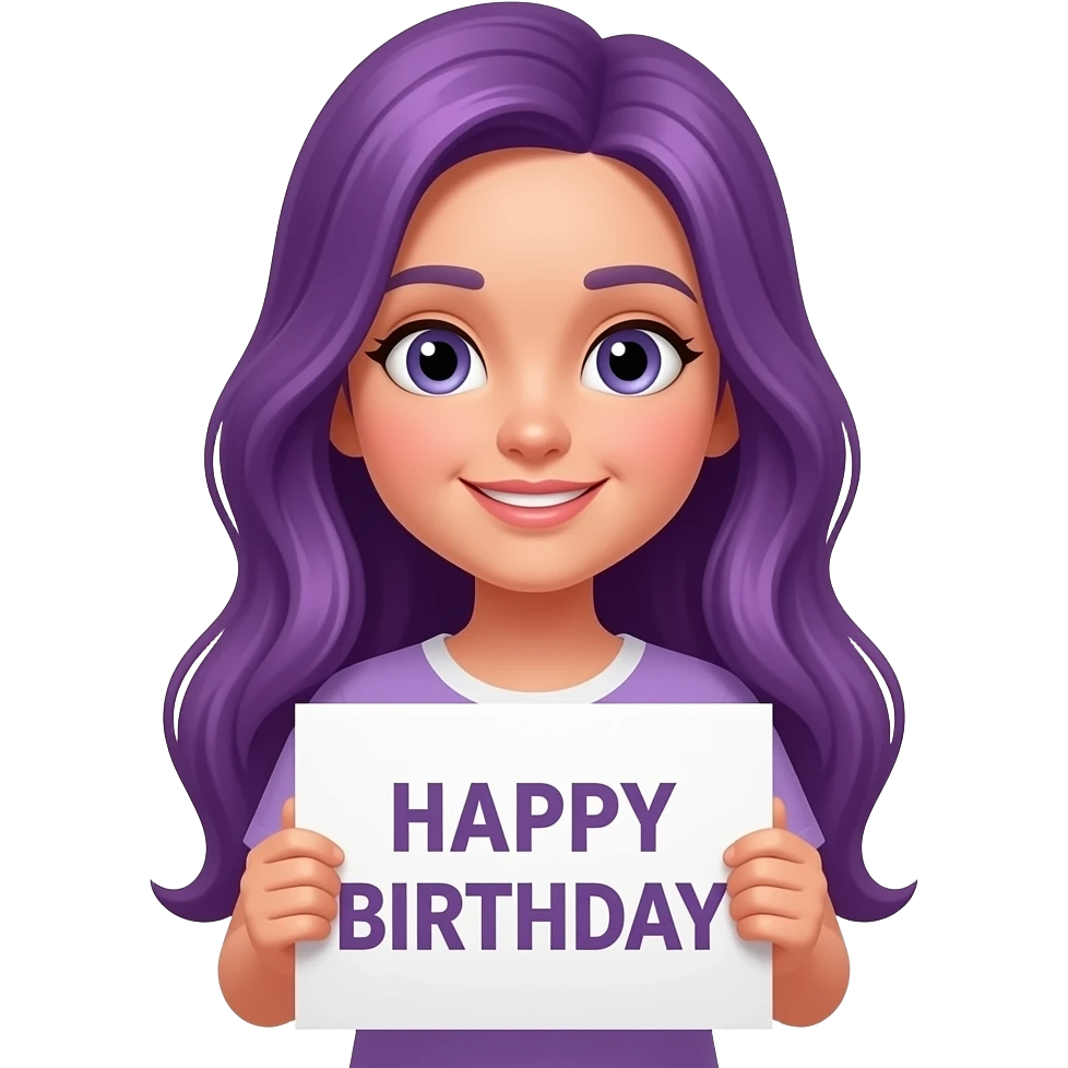 girl with long purple hair holding a HAPPY BIRTHDAY sign emoji