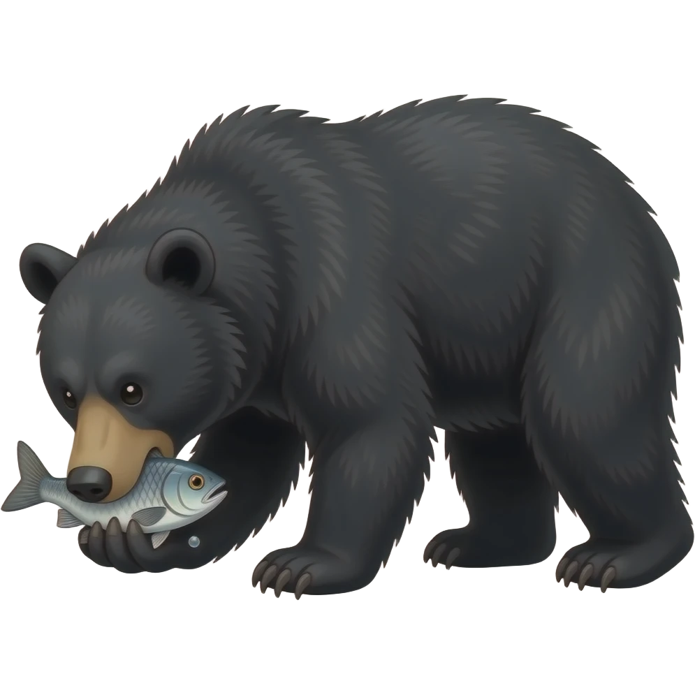 Cartoon black bear on fours eating fish emoji