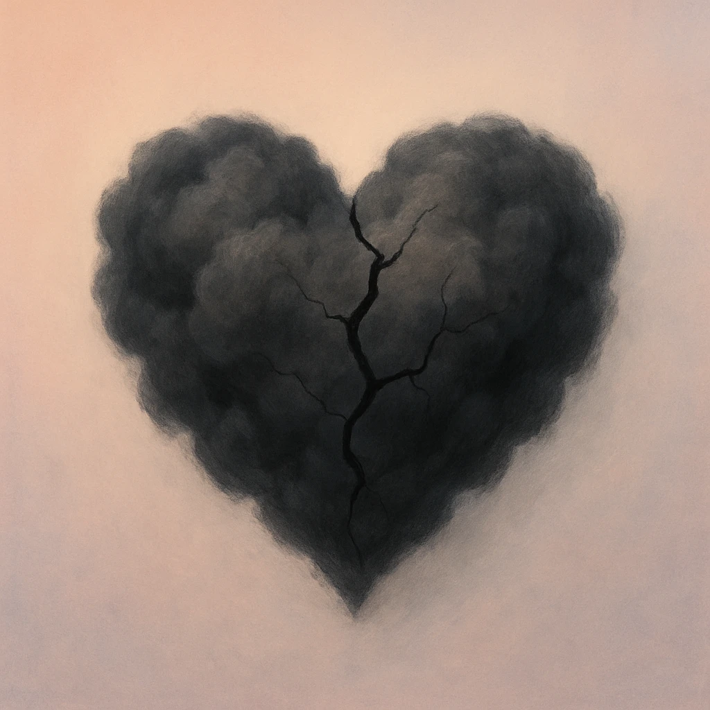 abstract heart emoji made of dark, swirling clouds, cracked, on a pastel gradient minimalist background, soft, conceptual style emoji