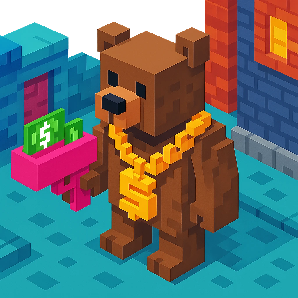 Russian grizzly bear with a rapper chain and a money gun, standing in a city alley emoji