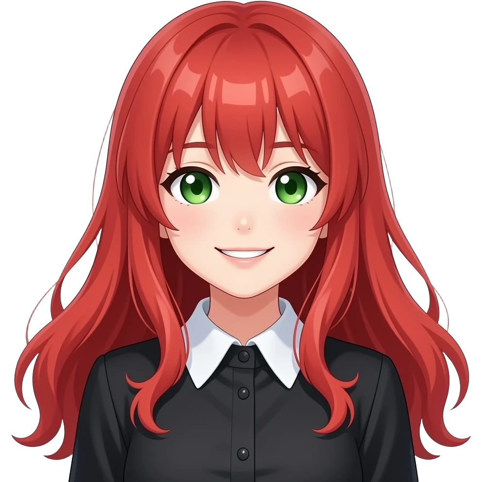 anime girl, crooked smile,  red hair, green eyes, black blouse with white collar emoji