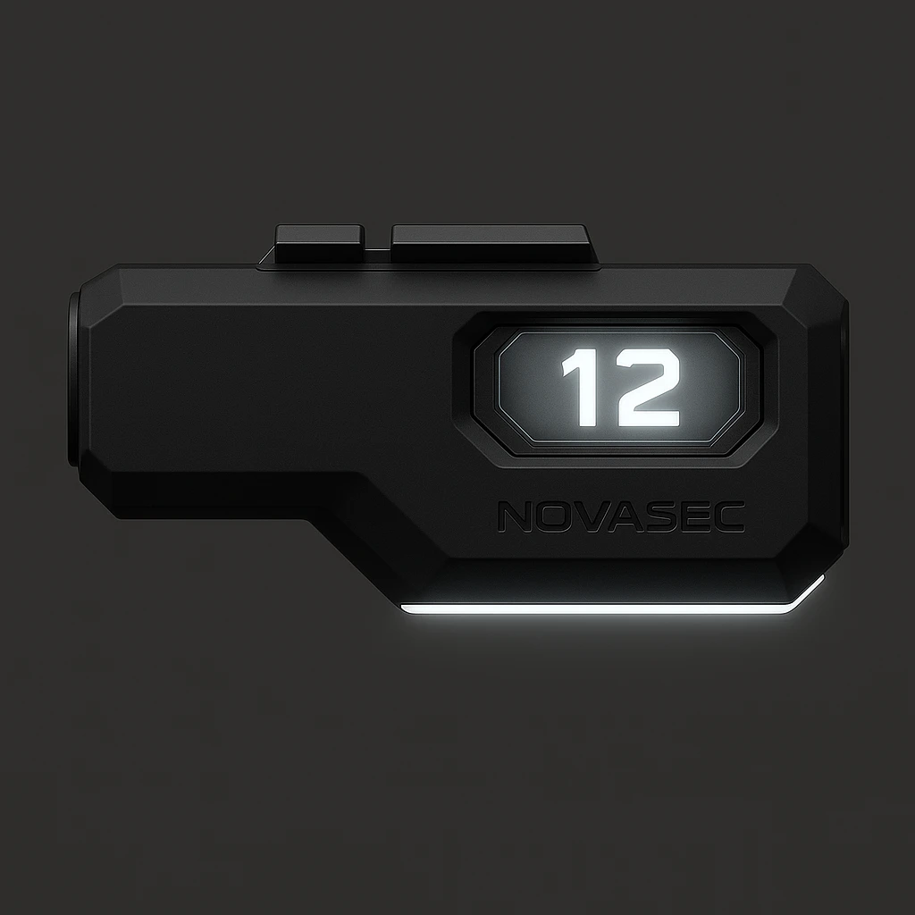Add a thin white LED light strip along the lower edge of the right side, keeping the rest of the design unchanged. Maintain the technical, orthographic right view of the NOVASEC LUMA 12 underbarrel attachment in a detailed, technical style. emoji