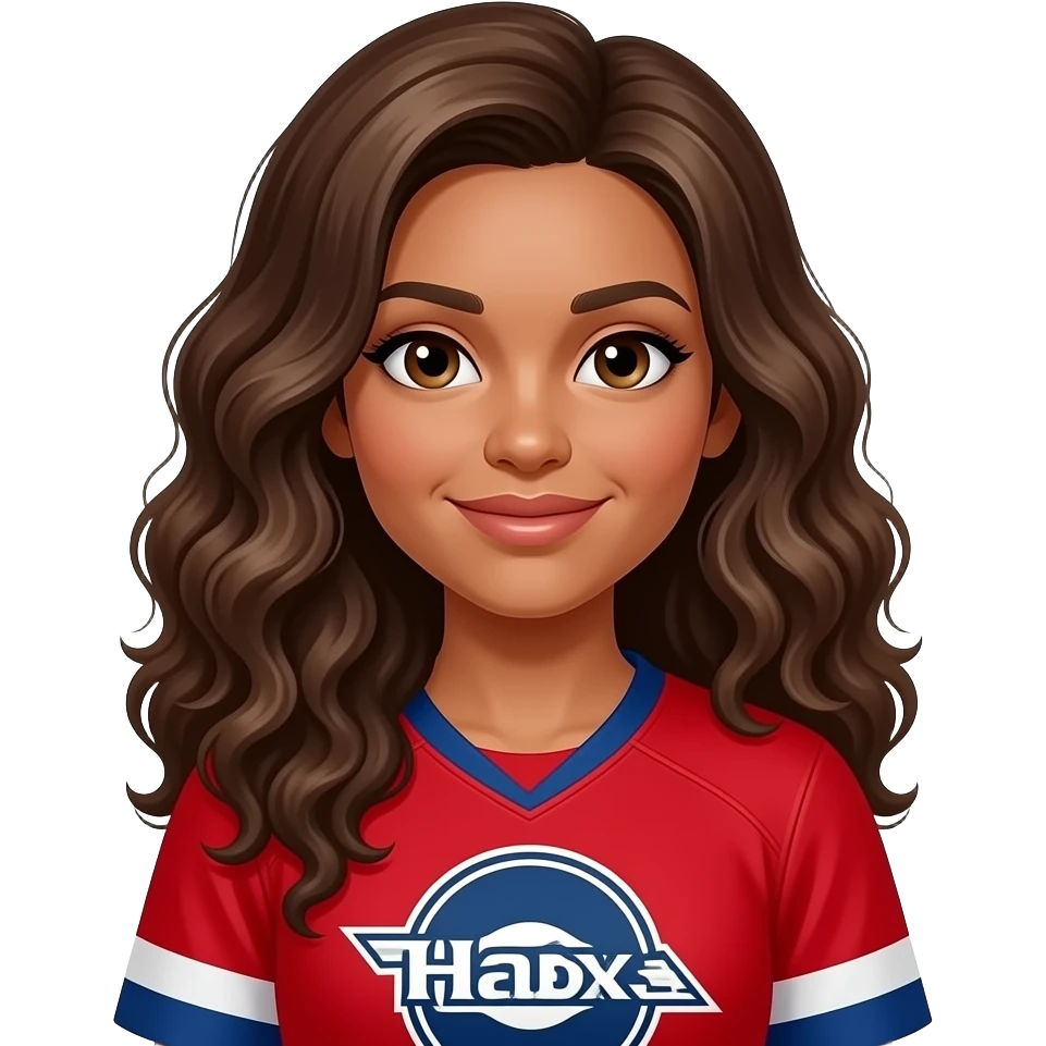 Habs fan red jersey emoji, tanned lady with long brown curly hair emoji