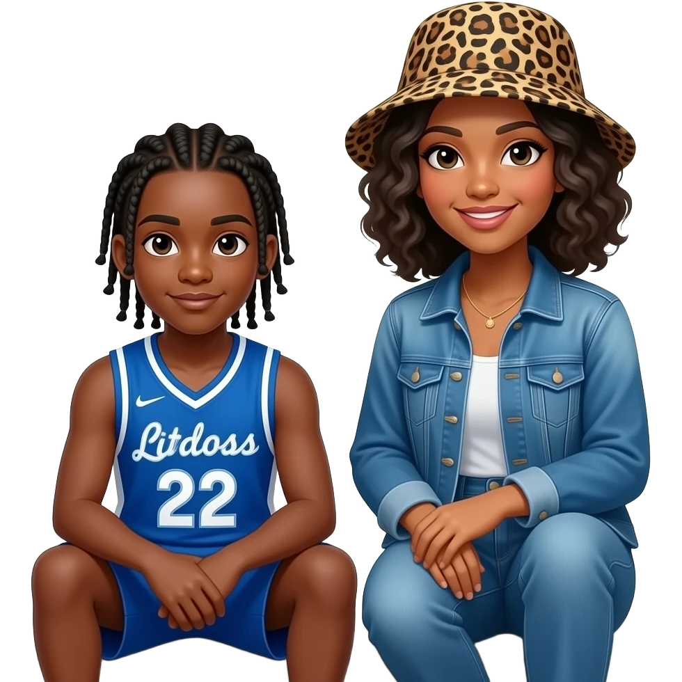 African American teenage boy sitting on porch steps wearing blue and white jersey shirt with 22 on it getting cornrow braided in her by an African American dark skin woman with shoulder length curly hair wearing a leopard print bucket hat wearing denim jeans and a denim jacket emoji