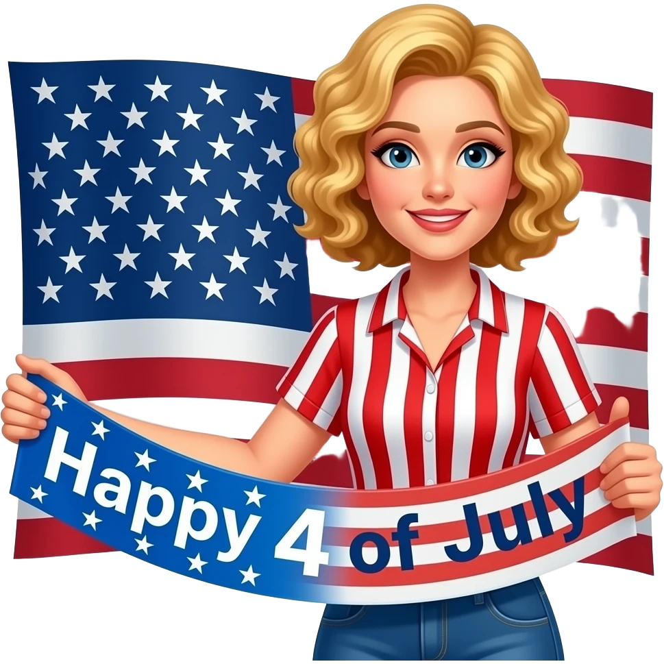blonde tight curly hair in a short bob with a Happy 4 of July banner and a red, white short sleeve art blouse and a huge flag emoji
