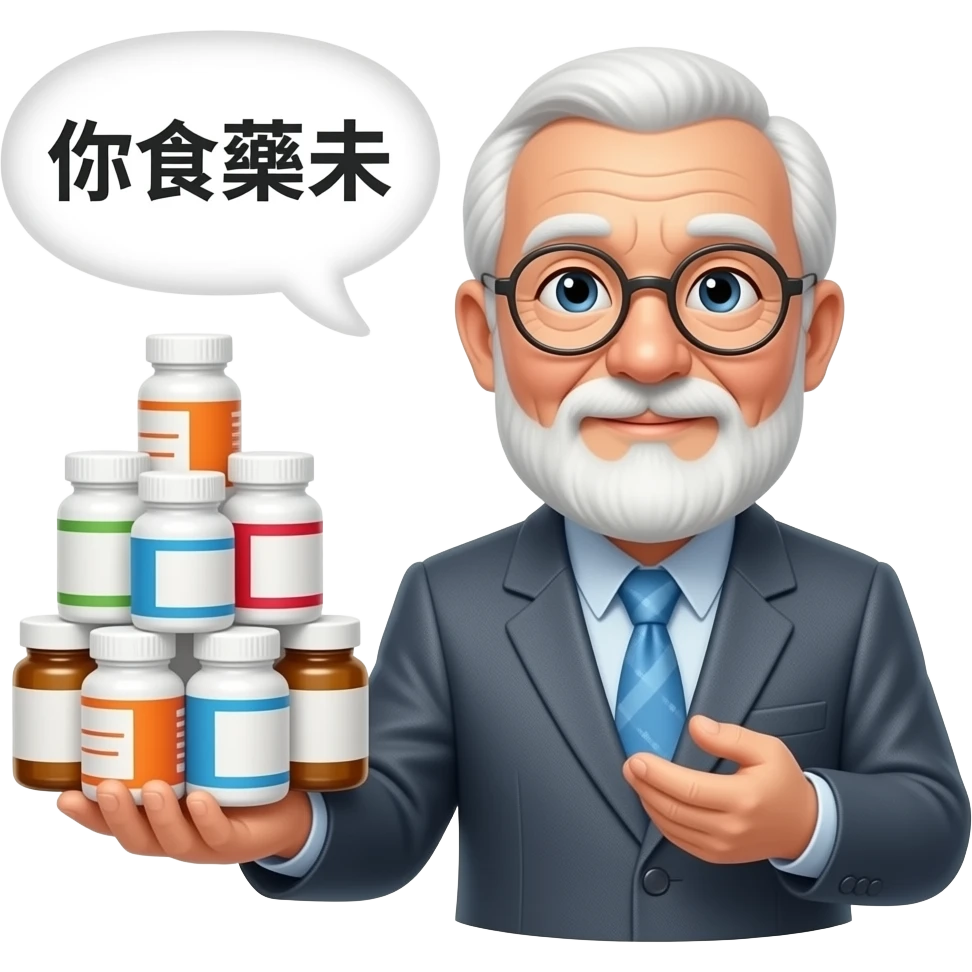 A weak man holding plenty medicine with a chinese 「你食藥未」 emoji