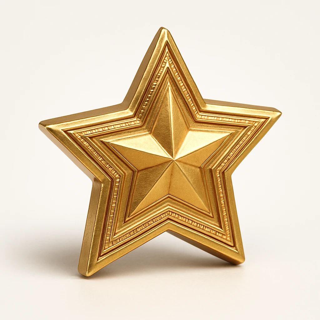 a glittery golden star-shaped medal, frontal view emoji