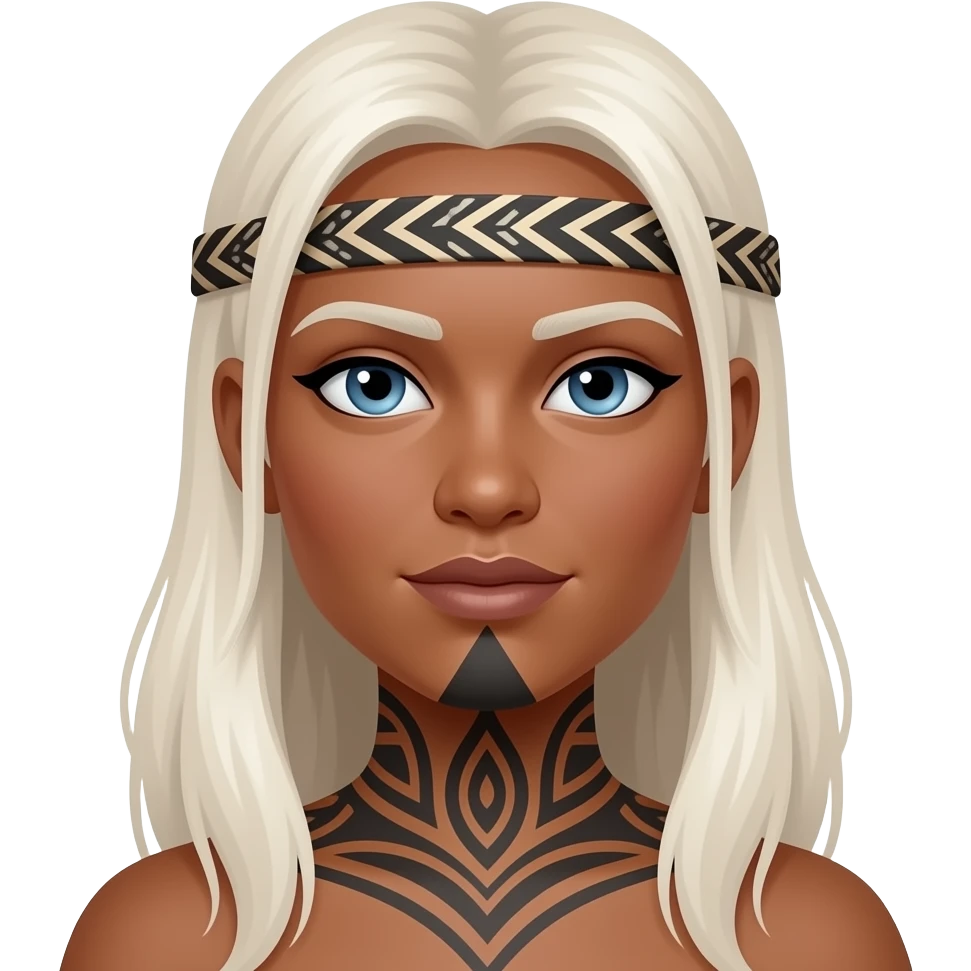 Maori warrior female with tribal moko Kauwae on chin only dark skinned Taniko headband long white blonde hair and blue eyes emoji