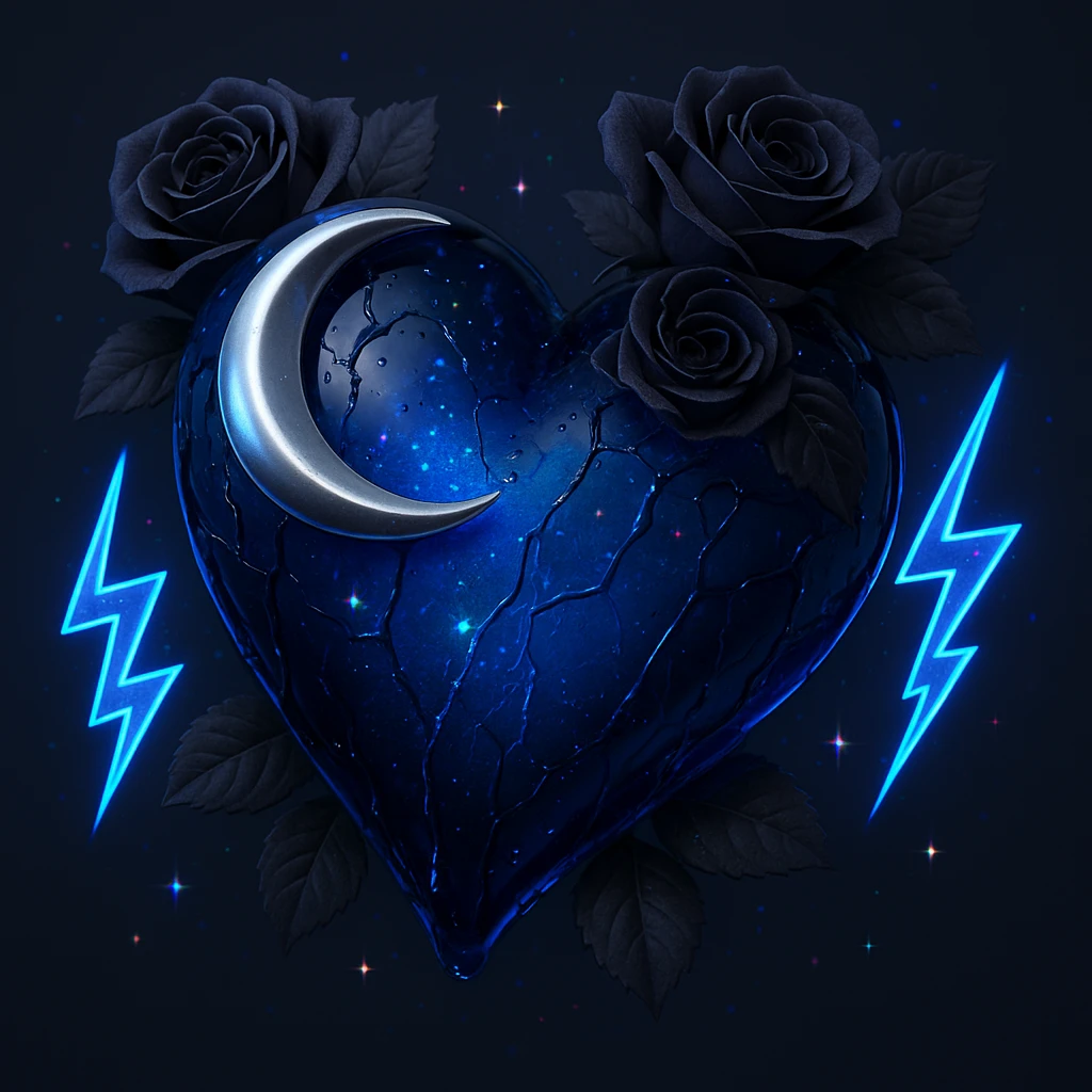 Create a dark blue glass heart, gothic style, with a silver crescent, midnight roses, holographic sparkles, neon lightning bolts, drenched and cracked glass. The style should emulate the 3D emoji style with a focus on depth and shine. emoji